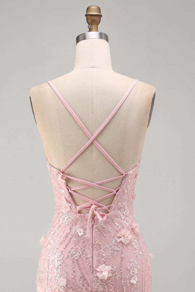 Laden Sie das Bild in den Galerie-Viewer, Rosa Florales Rückenschnürung  Spaghetti-Träger Kurzes Abendkleid mit Pailletten