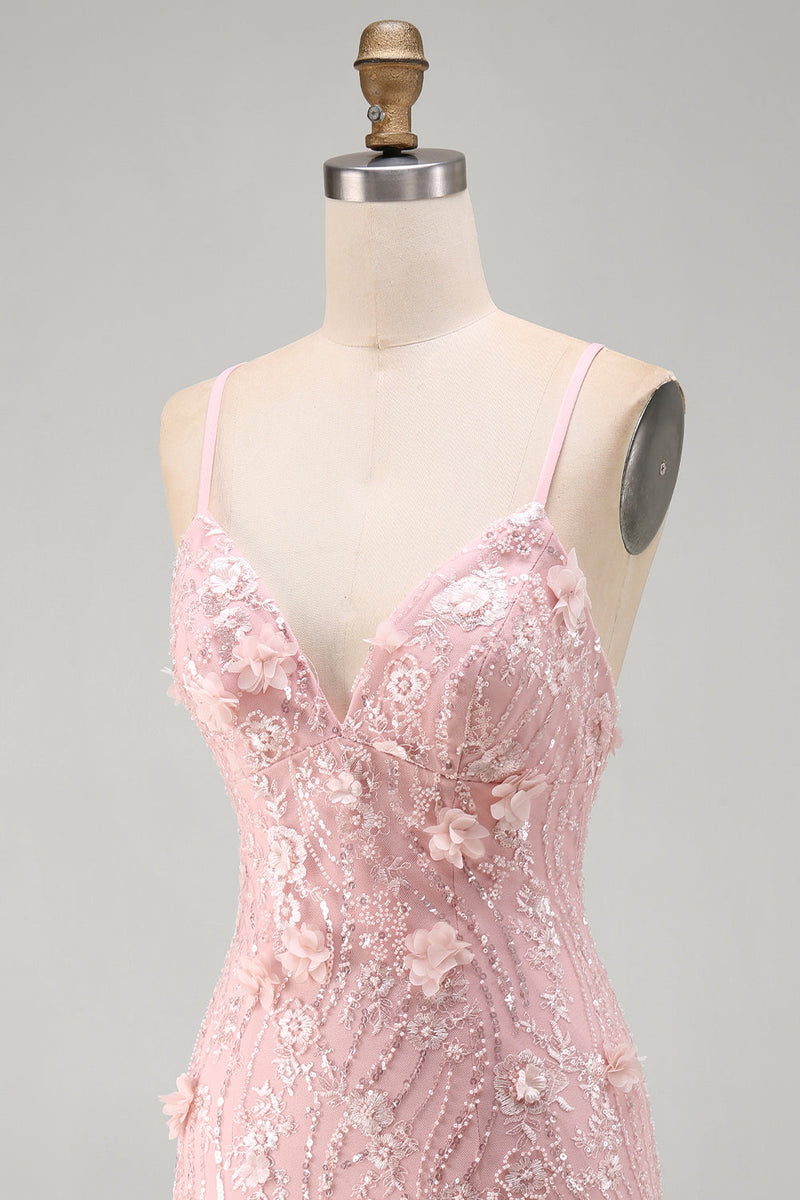 Laden Sie das Bild in den Galerie-Viewer, Rosa Florales Rückenschnürung  Spaghetti-Träger Kurzes Abendkleid mit Pailletten