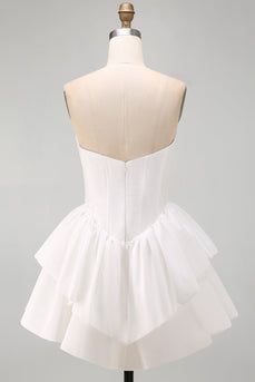 Sweetheart Weißes A-Linie Korsett Gestuftes Kurzes Abendkleid