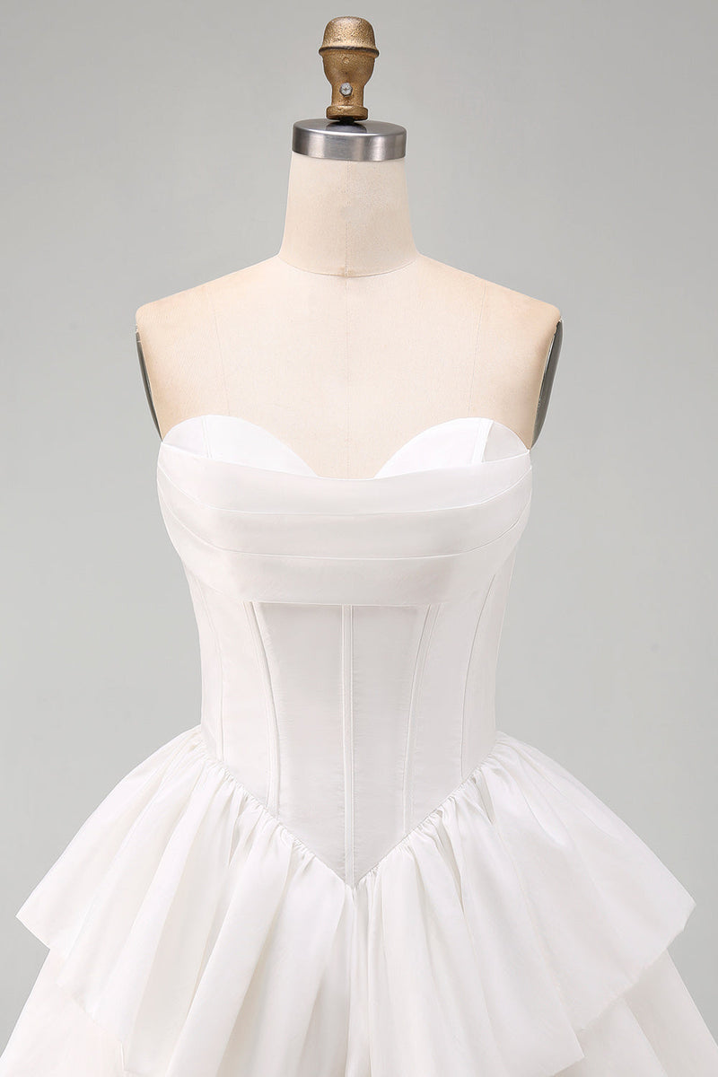 Laden Sie das Bild in den Galerie-Viewer, Sweetheart Weißes A-Linie Korsett Gestuftes Kurzes Abendkleid