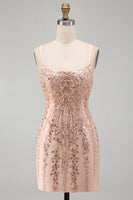 Laden Sie das Bild in den Galerie-Viewer, Champagner Bodycon Pailletten Kurzes Abendkleid mit Schnürung hinten