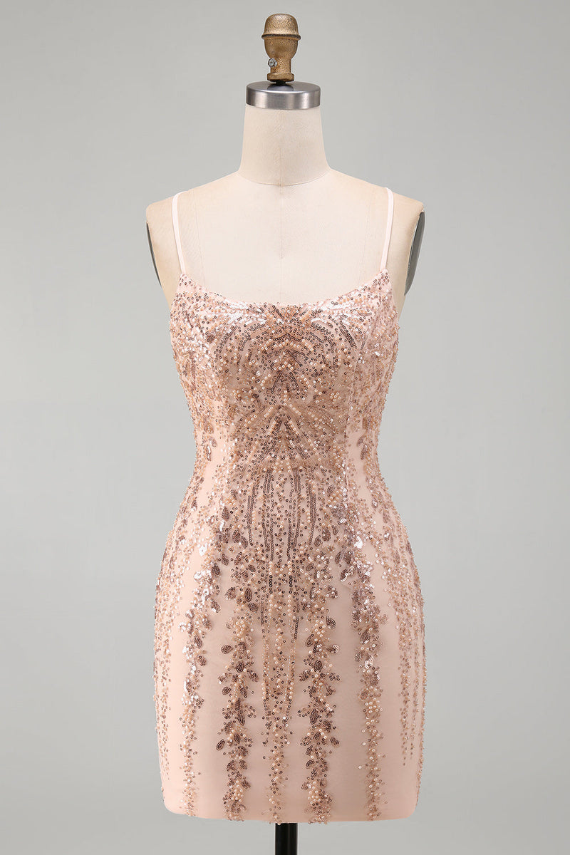 Laden Sie das Bild in den Galerie-Viewer, Champagner Bodycon Pailletten Kurzes Abendkleid mit Schnürung hinten