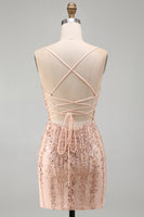 Laden Sie das Bild in den Galerie-Viewer, Champagner Bodycon Pailletten Kurzes Abendkleid mit Schnürung hinten
