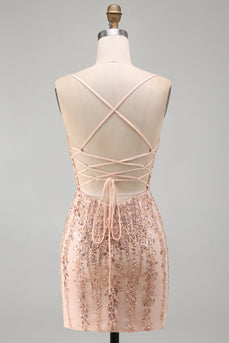 Champagner Bodycon Pailletten Kurzes Abendkleid mit Schnürung hinten