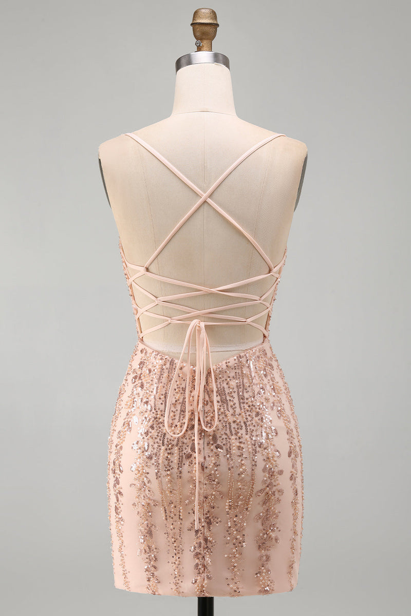 Laden Sie das Bild in den Galerie-Viewer, Champagner Bodycon Pailletten Kurzes Abendkleid mit Schnürung hinten