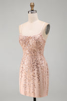 Laden Sie das Bild in den Galerie-Viewer, Champagner Bodycon Pailletten Kurzes Abendkleid mit Schnürung hinten