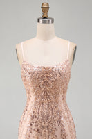 Laden Sie das Bild in den Galerie-Viewer, Champagner Bodycon Pailletten Kurzes Abendkleid mit Schnürung hinten