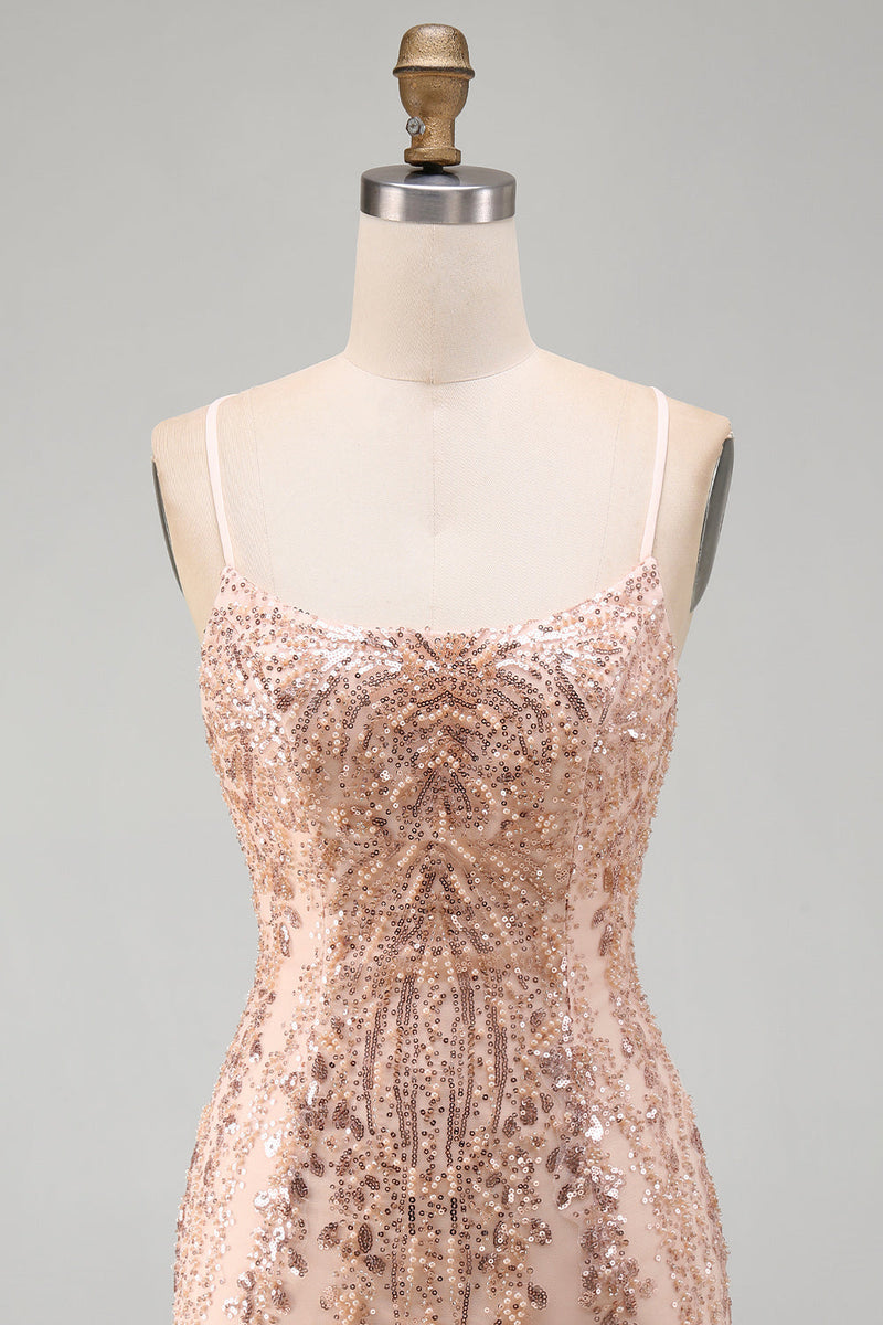 Laden Sie das Bild in den Galerie-Viewer, Champagner Bodycon Pailletten Kurzes Abendkleid mit Schnürung hinten