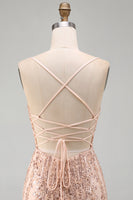 Laden Sie das Bild in den Galerie-Viewer, Champagner Bodycon Pailletten Kurzes Abendkleid mit Schnürung hinten