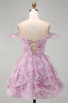 Flieder A-Linie Rüschen Kurzes Abendkleid mit Schnürung hinten