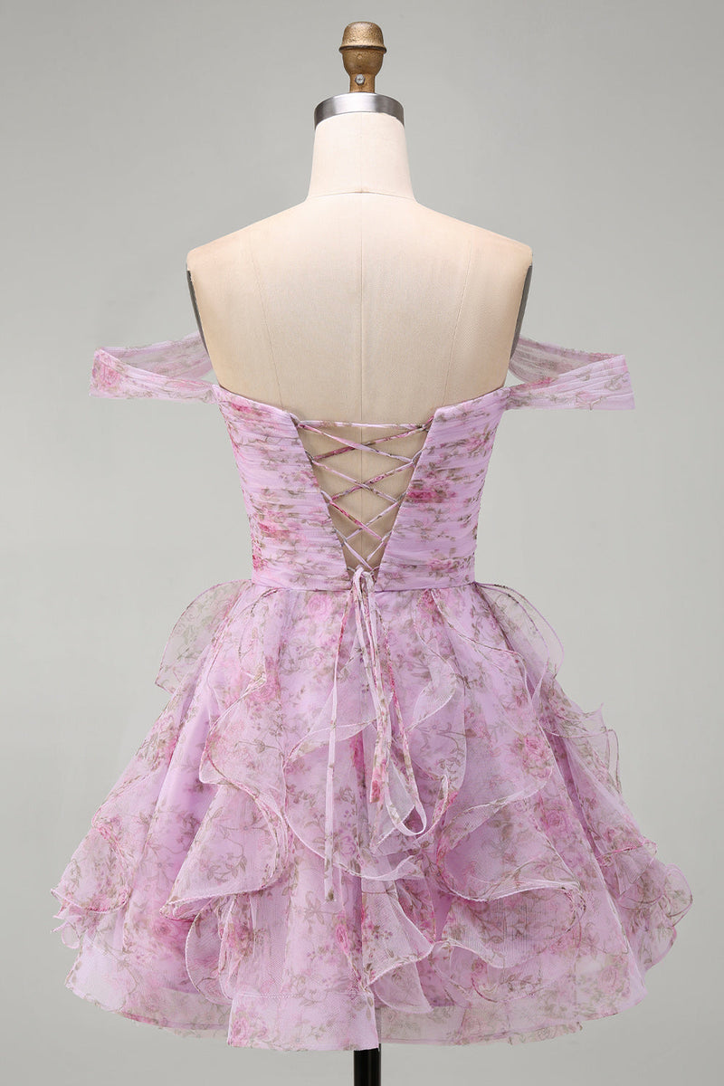 Laden Sie das Bild in den Galerie-Viewer, Flieder A-Linie Rüschen Kurzes Abendkleid mit Schnürung hinten