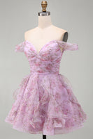 Laden Sie das Bild in den Galerie-Viewer, Flieder A-Linie Rüschen Kurzes Abendkleid mit Schnürung hinten