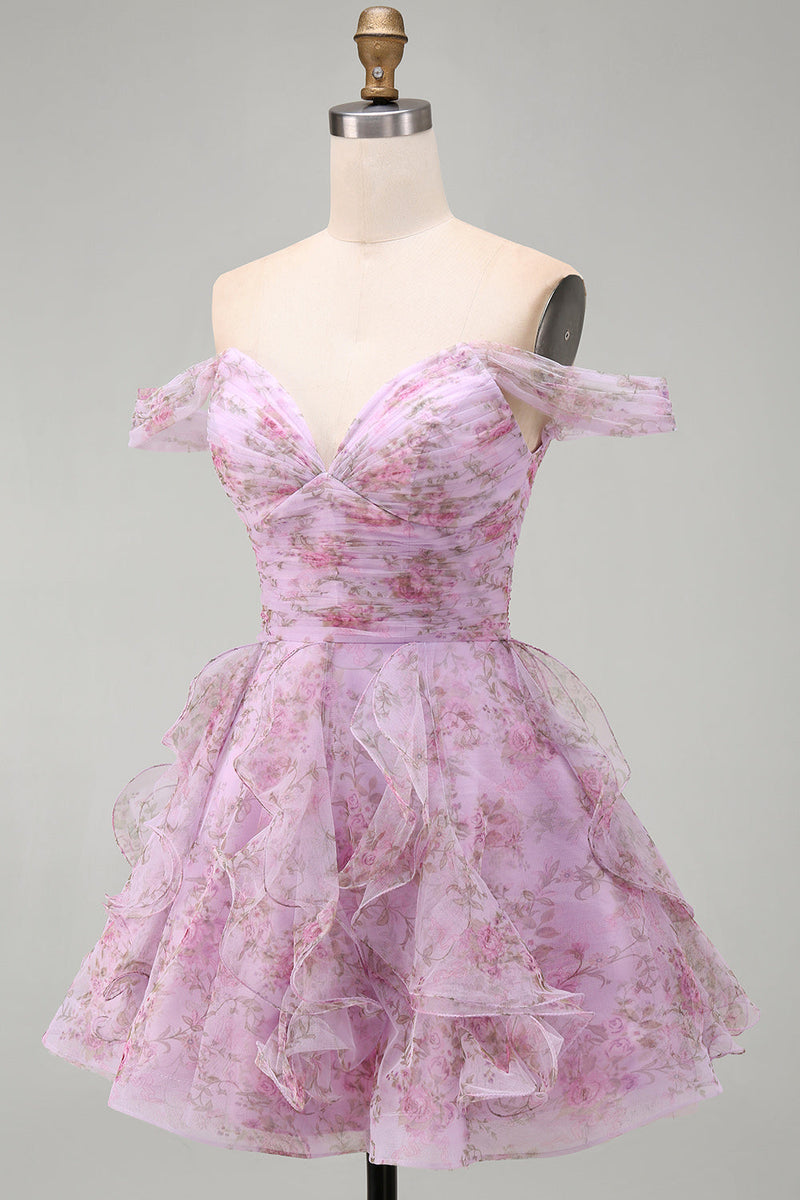 Laden Sie das Bild in den Galerie-Viewer, Flieder A-Linie Rüschen Kurzes Abendkleid mit Schnürung hinten
