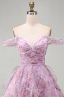 Laden Sie das Bild in den Galerie-Viewer, Flieder A-Linie Rüschen Kurzes Abendkleid mit Schnürung hinten