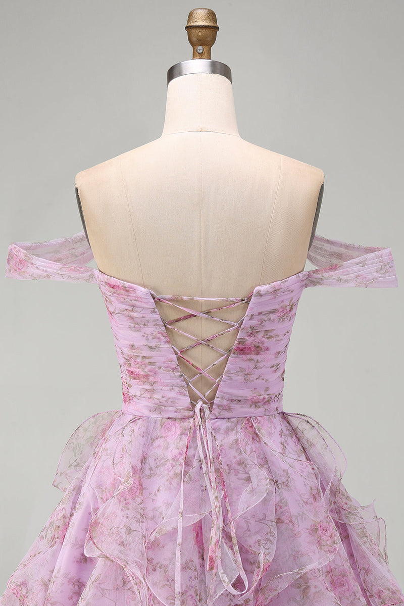 Laden Sie das Bild in den Galerie-Viewer, Flieder A-Linie Rüschen Kurzes Abendkleid mit Schnürung hinten