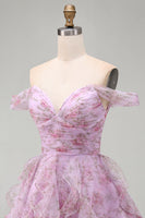 Laden Sie das Bild in den Galerie-Viewer, Flieder A-Linie Rüschen Kurzes Abendkleid mit Schnürung hinten