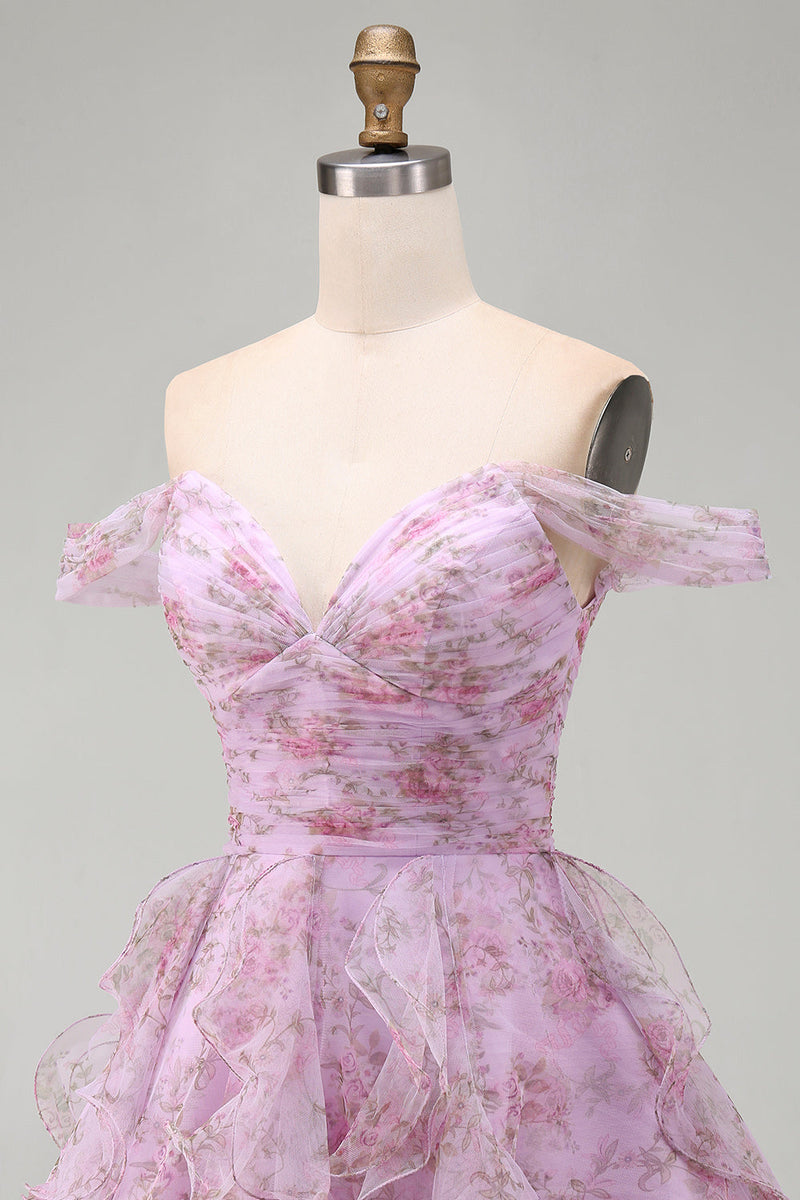 Laden Sie das Bild in den Galerie-Viewer, Flieder A-Linie Rüschen Kurzes Abendkleid mit Schnürung hinten