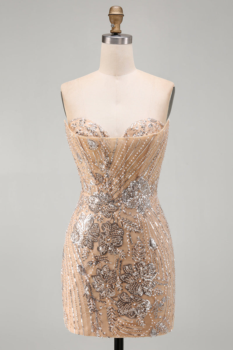 Laden Sie das Bild in den Galerie-Viewer, Champagner Trägerloses Pailletten Bodycon Kurzes Abendkleid mit Schnürung auf dem Rücken