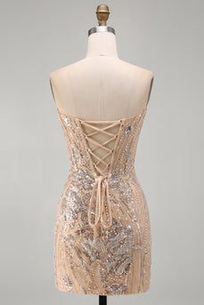 Champagner Trägerloses Pailletten Bodycon Kurzes Abendkleid mit Schnürung auf dem Rücken