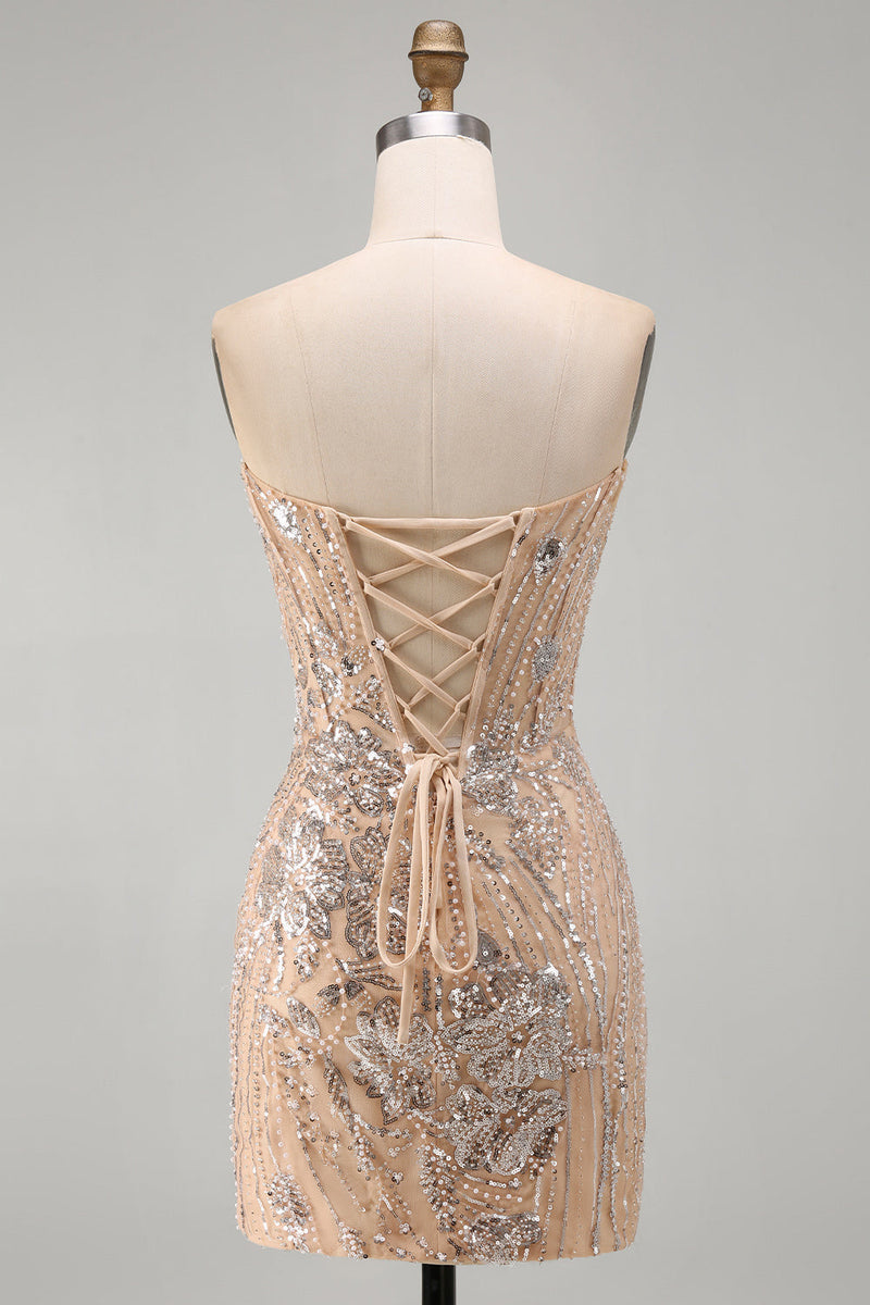Laden Sie das Bild in den Galerie-Viewer, Champagner Trägerloses Pailletten Bodycon Kurzes Abendkleid mit Schnürung auf dem Rücken