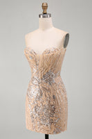 Laden Sie das Bild in den Galerie-Viewer, Champagner Trägerloses Pailletten Bodycon Kurzes Abendkleid mit Schnürung auf dem Rücken