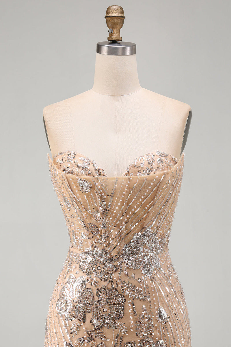 Laden Sie das Bild in den Galerie-Viewer, Champagner Trägerloses Pailletten Bodycon Kurzes Abendkleid mit Schnürung auf dem Rücken
