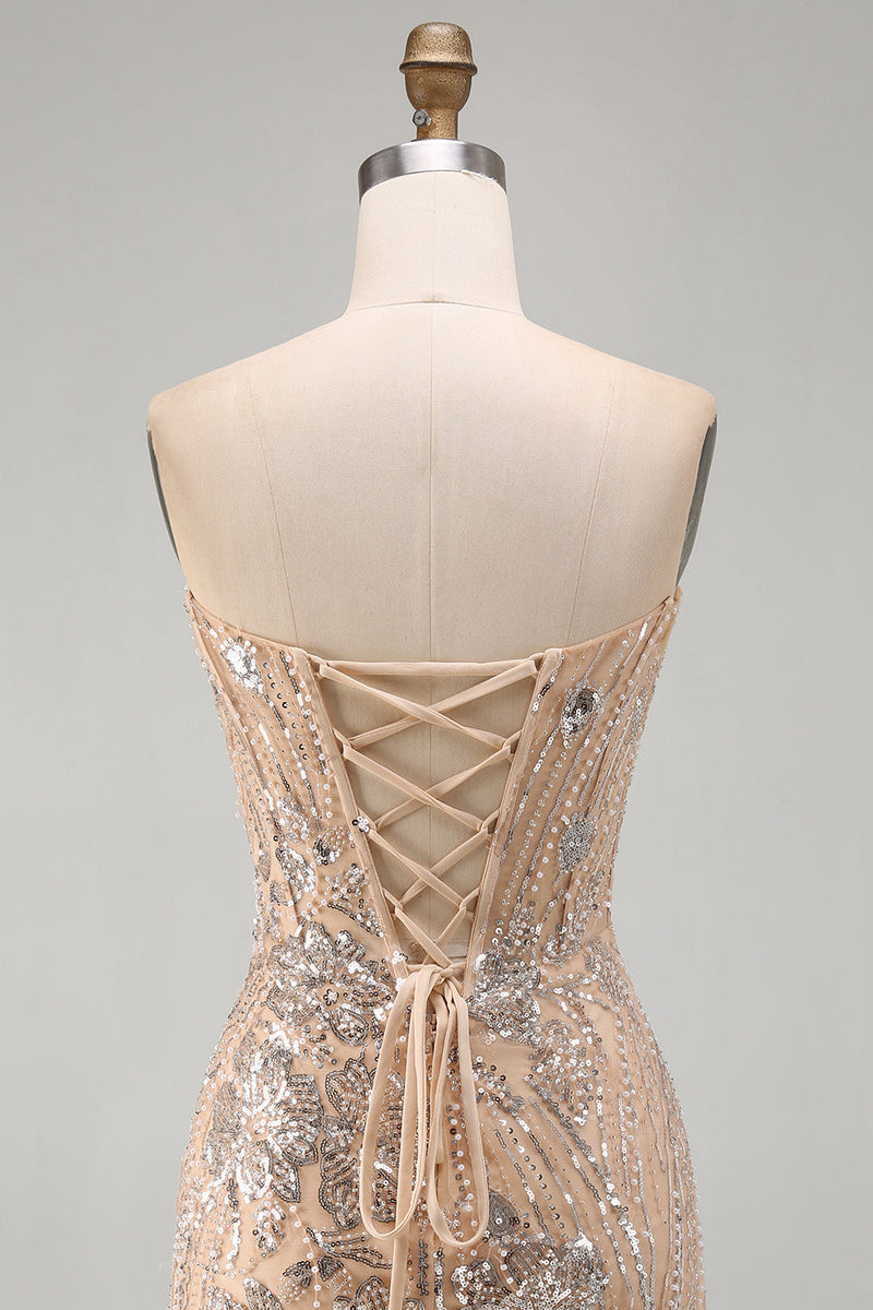 Laden Sie das Bild in den Galerie-Viewer, Champagner Trägerloses Pailletten Bodycon Kurzes Abendkleid mit Schnürung auf dem Rücken