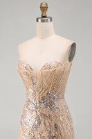 Laden Sie das Bild in den Galerie-Viewer, Champagner Trägerloses Pailletten Bodycon Kurzes Abendkleid mit Schnürung auf dem Rücken
