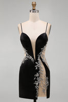 Laden Sie das Bild in den Galerie-Viewer, Schwarzes Bodycon Blumen Spaghettiträger Kurzes Abendkleid mit Strass