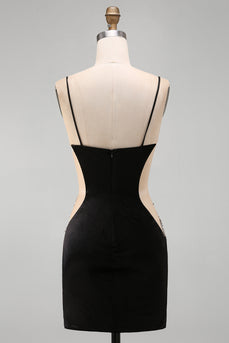 Schwarzes Bodycon Blumen Spaghettiträger Kurzes Abendkleid mit Strass