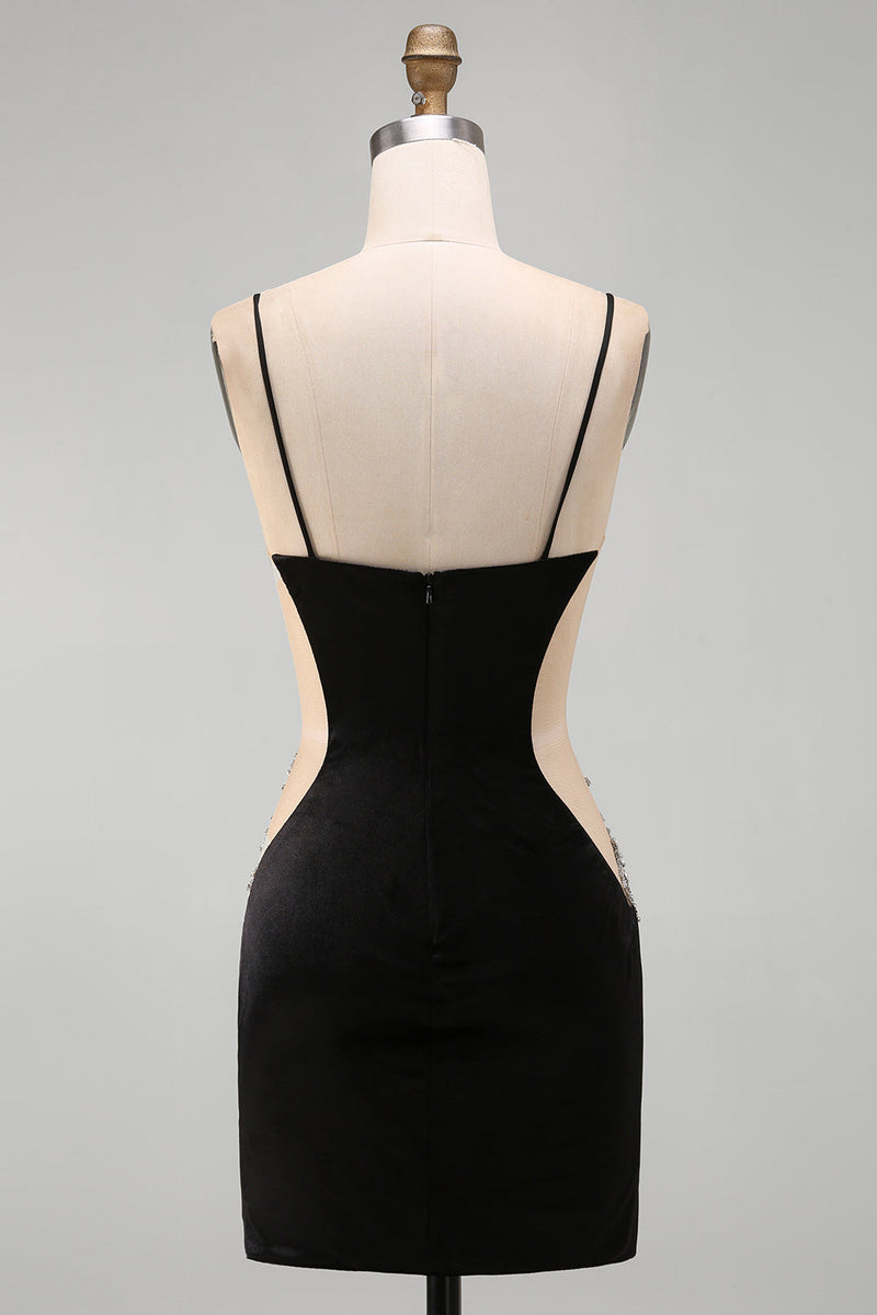 Laden Sie das Bild in den Galerie-Viewer, Schwarzes Bodycon Blumen Spaghettiträger Kurzes Abendkleid mit Strass
