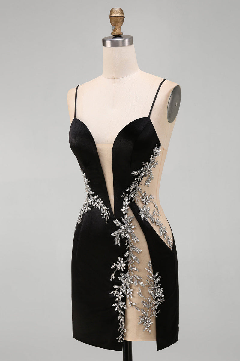 Laden Sie das Bild in den Galerie-Viewer, Schwarzes Bodycon Blumen Spaghettiträger Kurzes Abendkleid mit Strass