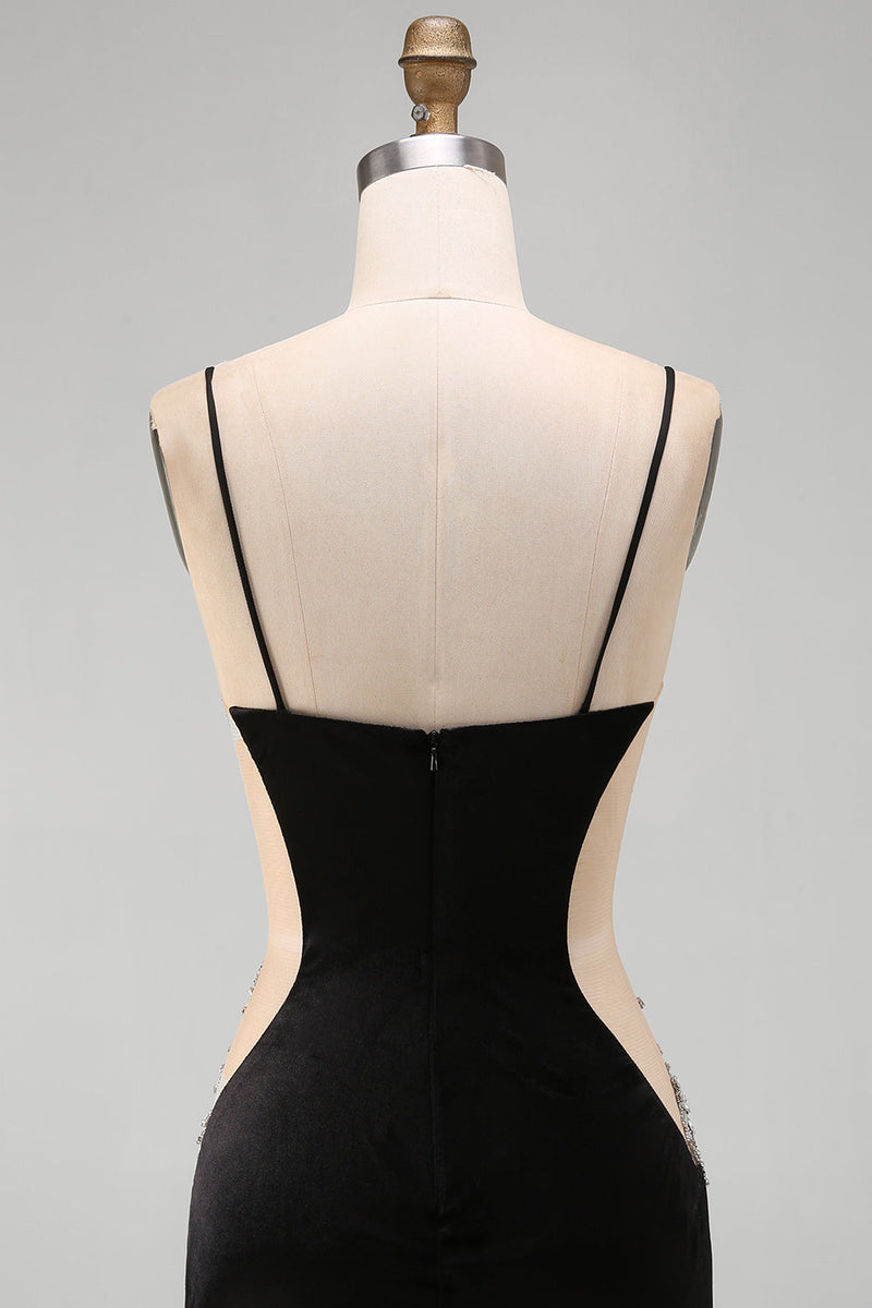 Laden Sie das Bild in den Galerie-Viewer, Schwarzes Bodycon Blumen Spaghettiträger Kurzes Abendkleid mit Strass