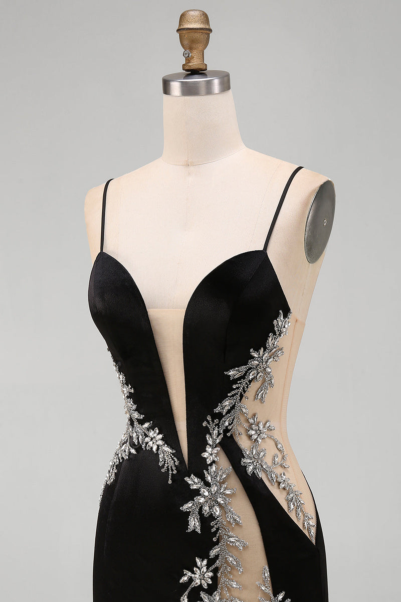 Laden Sie das Bild in den Galerie-Viewer, Schwarzes Bodycon Blumen Spaghettiträger Kurzes Abendkleid mit Strass