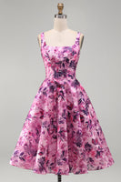 Laden Sie das Bild in den Galerie-Viewer, A-Linie fuchsiafarbenes Blumen-Korsett, mit Rüschen und quadratem Ausschnitt, kurzes Homecoming-Kleid