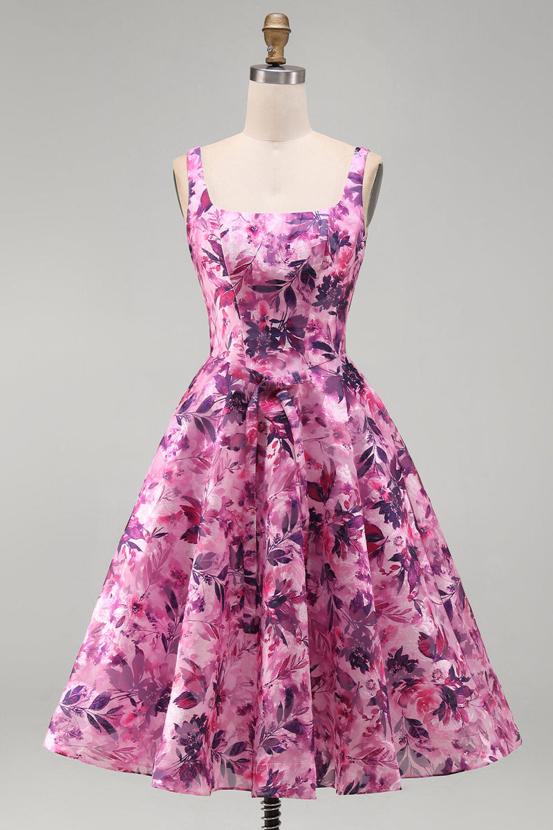 Laden Sie das Bild in den Galerie-Viewer, A-Linie fuchsiafarbenes Blumen-Korsett, mit Rüschen und quadratem Ausschnitt, kurzes Homecoming-Kleid