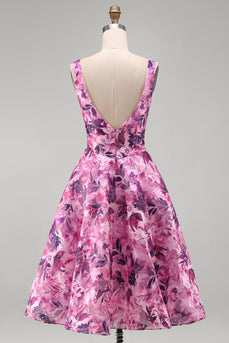 A-Linie Fuchsia Blumen Korsett Rüschen Quadrat-Ausschnitt Kurzes Abendkleid
