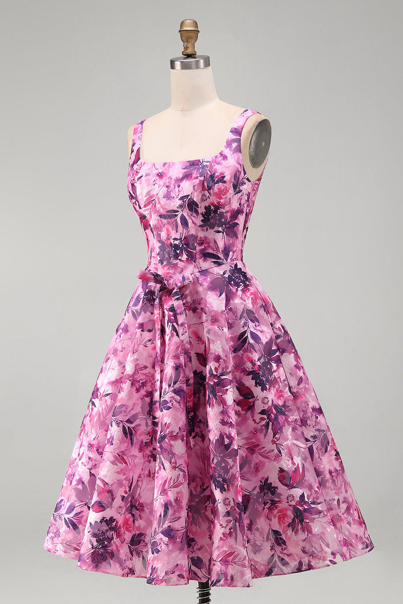 Laden Sie das Bild in den Galerie-Viewer, A-Linie fuchsiafarbenes Blumen-Korsett, mit Rüschen und quadratem Ausschnitt, kurzes Homecoming-Kleid