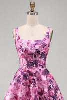 Laden Sie das Bild in den Galerie-Viewer, A-Linie fuchsiafarbenes Blumen-Korsett, mit Rüschen und quadratem Ausschnitt, kurzes Homecoming-Kleid