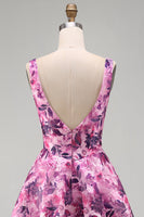 Laden Sie das Bild in den Galerie-Viewer, A-Linie fuchsiafarbenes Blumen-Korsett, mit Rüschen und quadratem Ausschnitt, kurzes Homecoming-Kleid