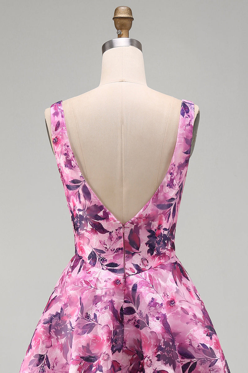 Laden Sie das Bild in den Galerie-Viewer, A-Linie fuchsiafarbenes Blumen-Korsett, mit Rüschen und quadratem Ausschnitt, kurzes Homecoming-Kleid