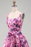 Laden Sie das Bild in den Galerie-Viewer, A-Linie fuchsiafarbenes Blumen-Korsett, mit Rüschen und quadratem Ausschnitt, kurzes Homecoming-Kleid
