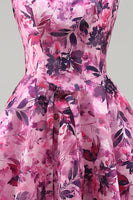 Laden Sie das Bild in den Galerie-Viewer, A-Linie fuchsiafarbenes Blumen-Korsett, mit Rüschen und quadratem Ausschnitt, kurzes Homecoming-Kleid