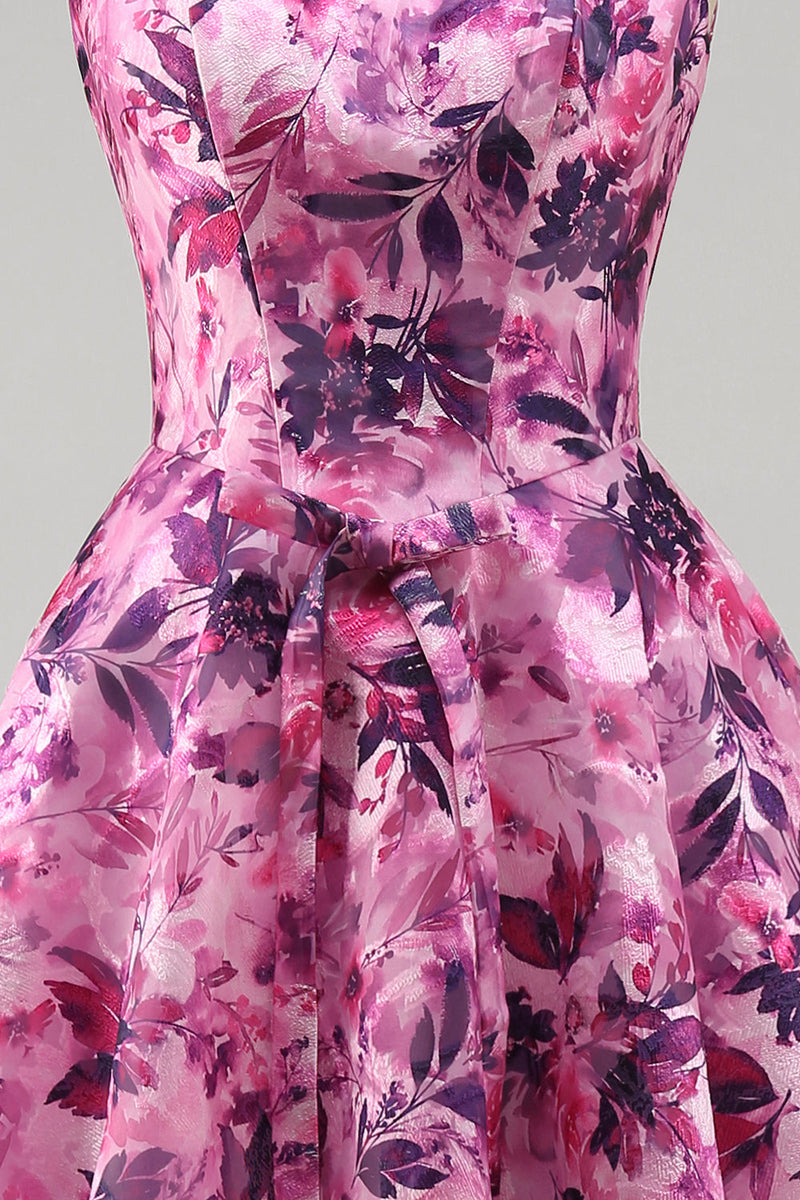 Laden Sie das Bild in den Galerie-Viewer, A-Linie fuchsiafarbenes Blumen-Korsett, mit Rüschen und quadratem Ausschnitt, kurzes Homecoming-Kleid