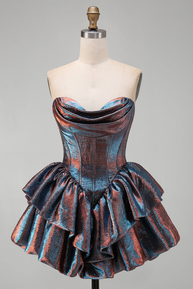 Laden Sie das Bild in den Galerie-Viewer, Irisierendes metallisches Trägerloses Korsett mit baskischer Taille Homecoming-Kleid mit Rüschen