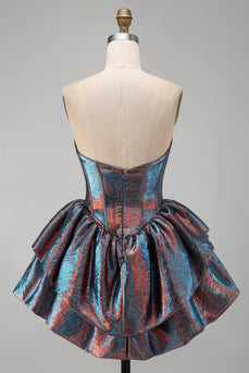 Irisierendes Metallisches Trägerloses Korsett Baskische Taille Kurzes Abendkleid mit Rüschen