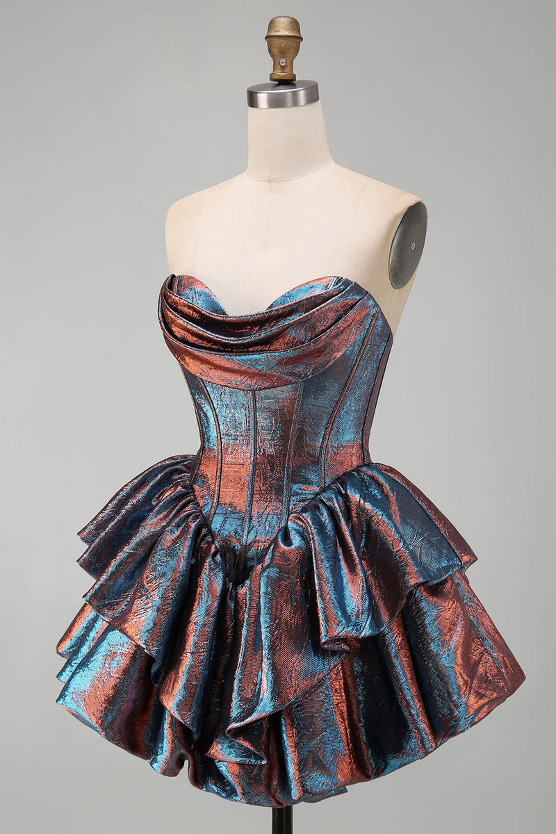 Laden Sie das Bild in den Galerie-Viewer, Irisierendes metallisches Trägerloses Korsett mit baskischer Taille Homecoming-Kleid mit Rüschen
