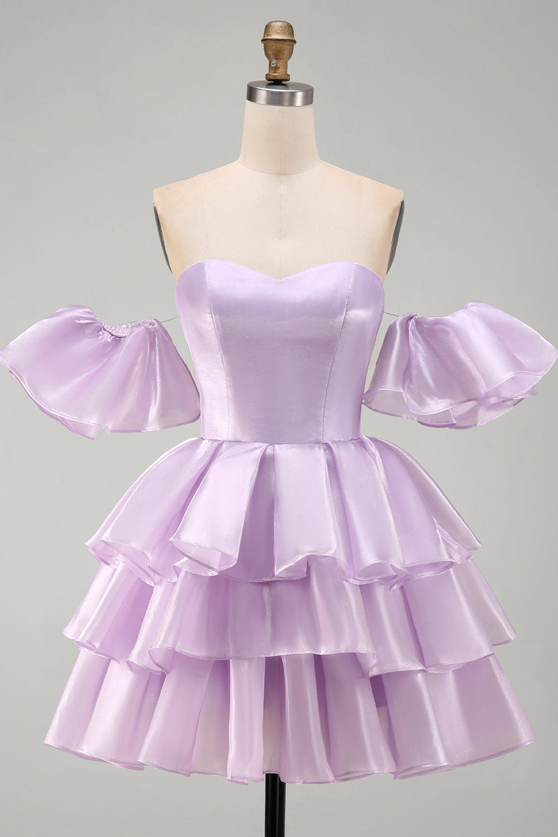 Laden Sie das Bild in den Galerie-Viewer, Schulterloses, fliederfarbenes A-Linien-Stufen-Short-Homecoming-Kleid mit Rüschen und Spitze hinten