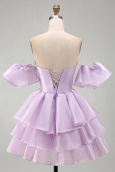 Schulterloses Flieder A-Linie Stufen Kurzes Abendkleid mit Rüschen und Schnürung hinten