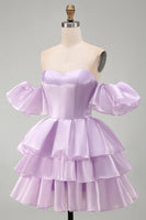 Laden Sie das Bild in den Galerie-Viewer, Schulterloses, fliederfarbenes A-Linien-Stufen-Short-Homecoming-Kleid mit Rüschen und Spitze hinten